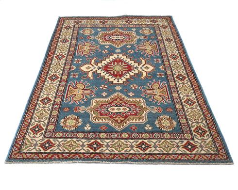 4x6 Blue Kuba Afghan Hand Knotted Wool Area Rug